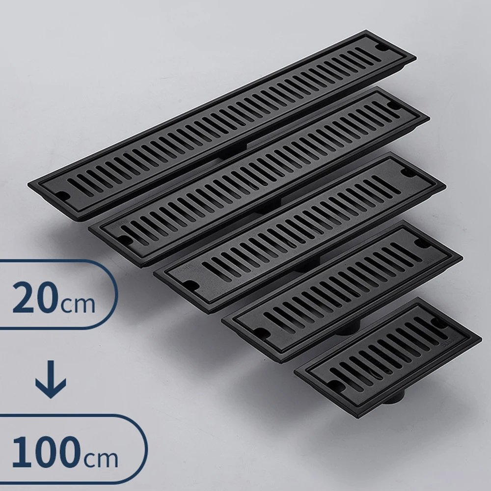 20-100cm Black Side Outlet Shower Drain Stainless Steel Bathroom Floor Drainage Linear Waste Drain Cover Roof Kitchen Accessory