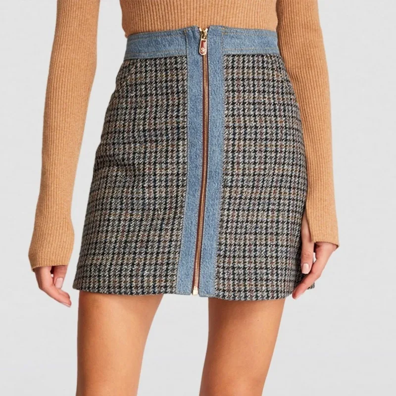 

Women Brand Skirt Autumn Winter New French Elegant and Fashionable Beige Tweed and Denim Sexy Bag Hip Skirt Zipper Miniskirt