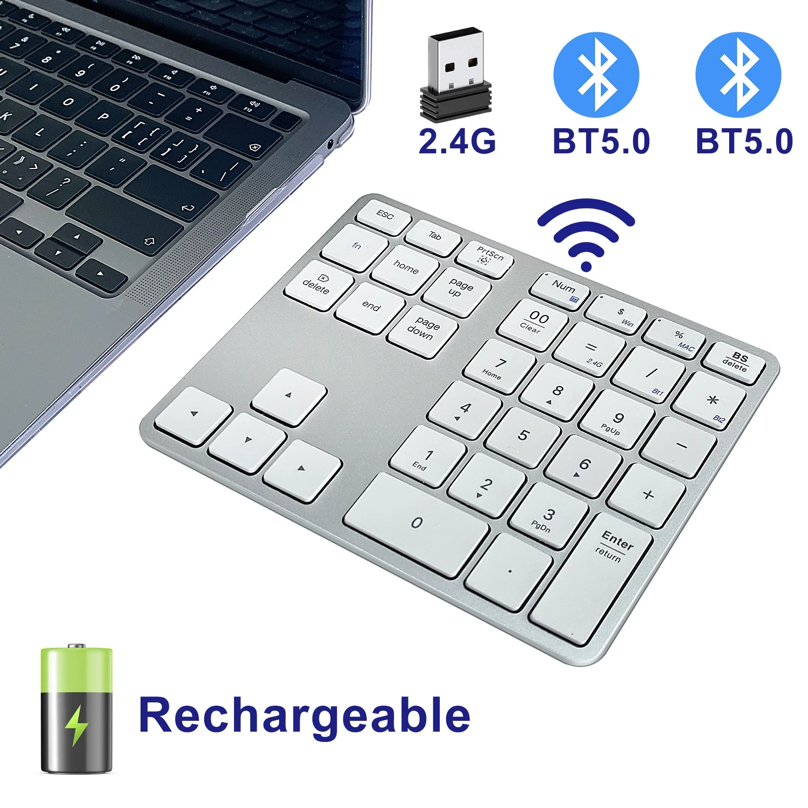 

Bluetooth-планшет с цифрами, перезаряжаемая беспроводная цифровая клавиатура, Двухрежимная алюминиевая USB-подставка для ноутбука, MacBook Pro/Air, Mac