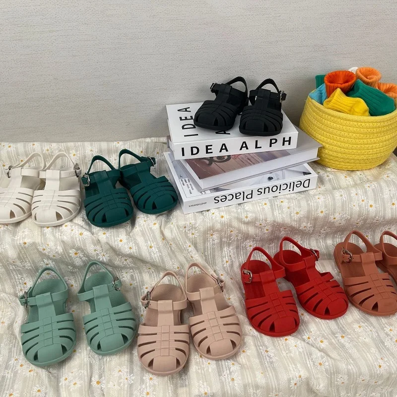 

Summer Jelly Sandals Solid Color Baby Girl Boys Rubber Soft Sole Jelly Sandals Children's Buckle Hollow Casual Beach Sandals