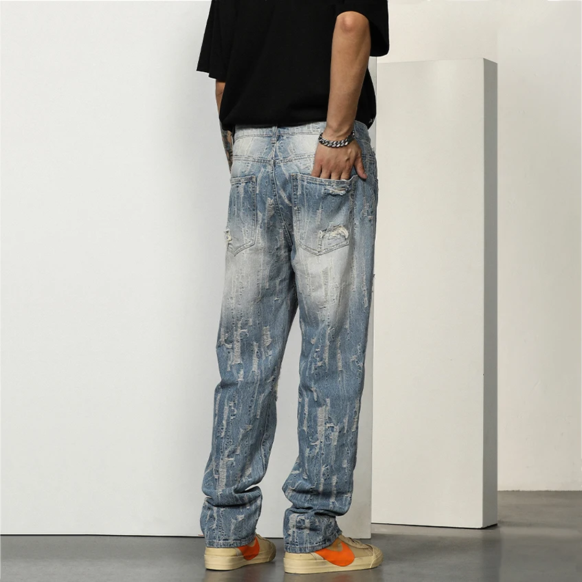 Four Seasons Men's European and American High Street American Trend Jeans Straight Trousers Fashion Streetwear Ins Hot Sale MEN