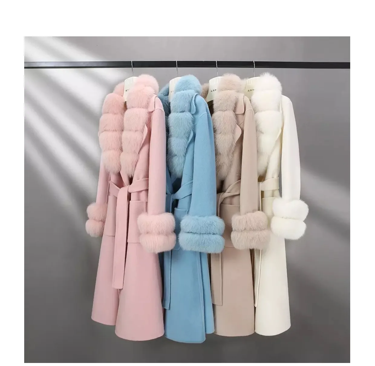 2022 New Arrival Women Wool Coat With Real Fox Fur Collar Cuff Slim Winter Coats Fit Elegant Belted Cashmere Long Coat Ladies