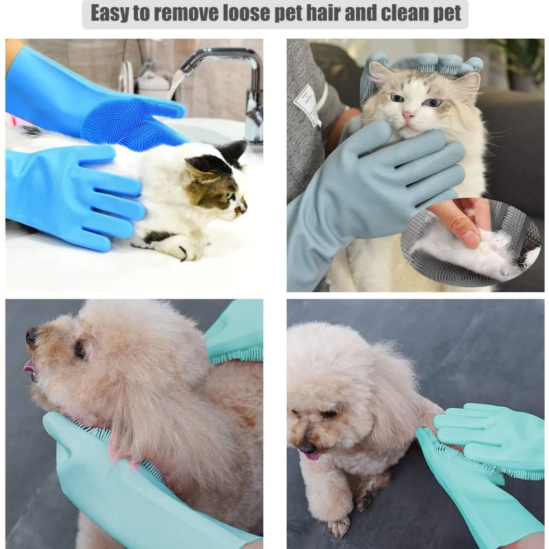 Pet Grooming Cleaning Gloves, Heat Resistant Cat Bathing Gloves with High-Density , Silicone Dog Massaging Hair Removal Gloves images - 6