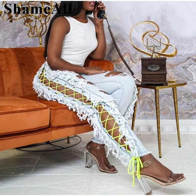 

Sexy Color Blocking Lace Up Bandage Ripped Skinny Jeans Club Party Stretchy Street Wild Hipster Tassel Holes Denim Pencil Pants