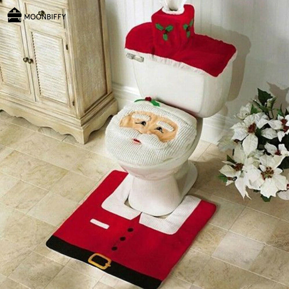 3Pcs Christmas Toilet Seat Cover Santa Clause Pattern Toilet Seat Cover Home Christmas Case Bathroom Decoration Toilet Seat