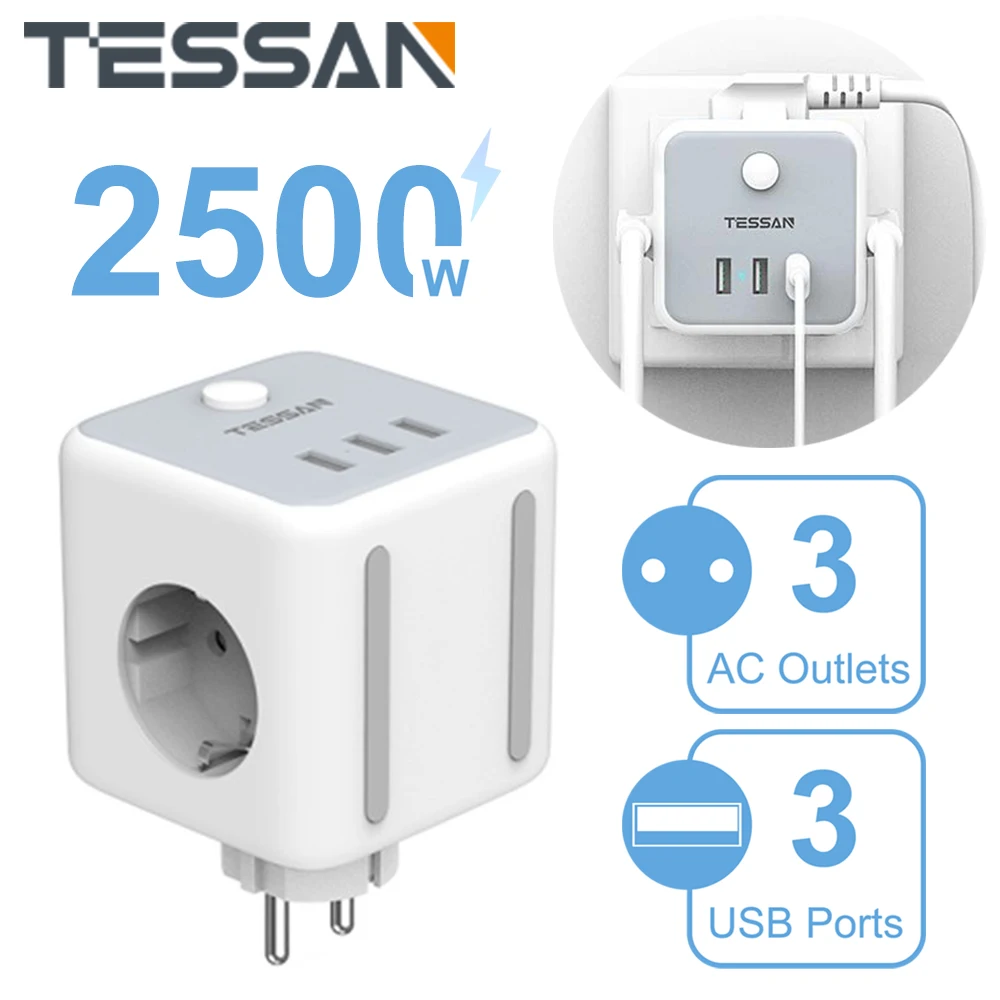 

TESSAN EU Plug Socket Cube with 1/3 AC Outlets & 2/3 USB Ports, Multiple Socket Power Strip for Home, Office, Kitchen