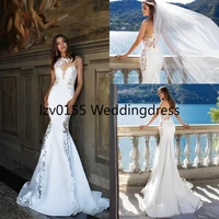 white beach wedding dresses robe de marriage sheer backless with buttons mermaid crew neck appliques long bridal gowns