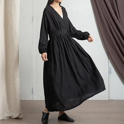 Женское винтажное платье из хлопка и льна, свободное однотонное длинное платье с большим V-образным вырезом и поясом в китайском стиле, лето-осень 2019