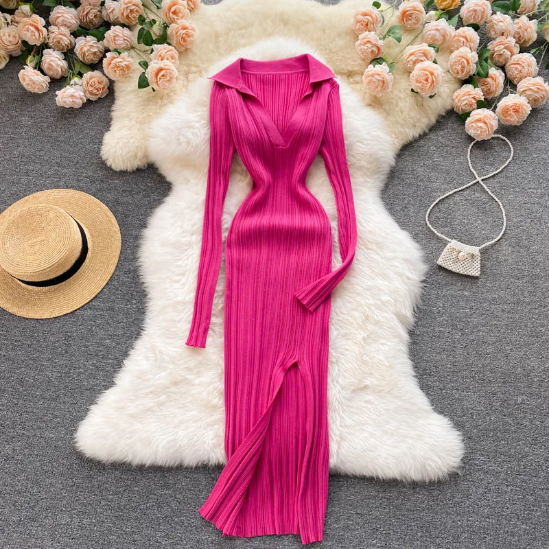 Lapel V-Neck Split Long Dress Women Autumn Sexy Bodycon Elastic Knitted Long Sleeve Hip Wrap Slim Office Ladies Bottoming Dress