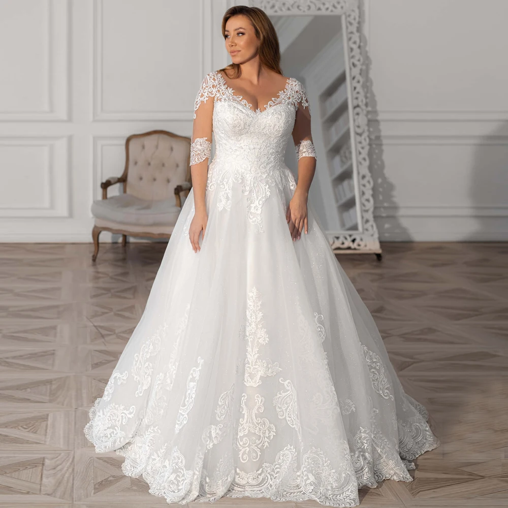

Modest Plus Size Wedding Gown Custom Made V-neck Half Sleeves Sweep Train Ball Gown Bridal Gown 2023 abito da sposa