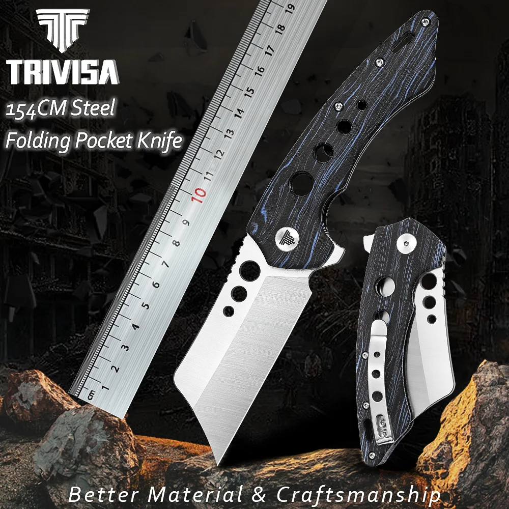 TRIVISA Pocket Folding Knife,154CM Blade & G10 Handle,Flipper Open, EDC Outdoor Hunting Survival Knives for Men