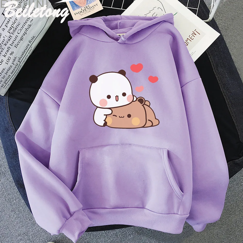 Cute Panda Bear Cartoon Hoodie Long Sleeve Bubu Dudu Korean Style Sweatshirts Women 90s Pink Funny Prints Harajuku Pocket Kawaii