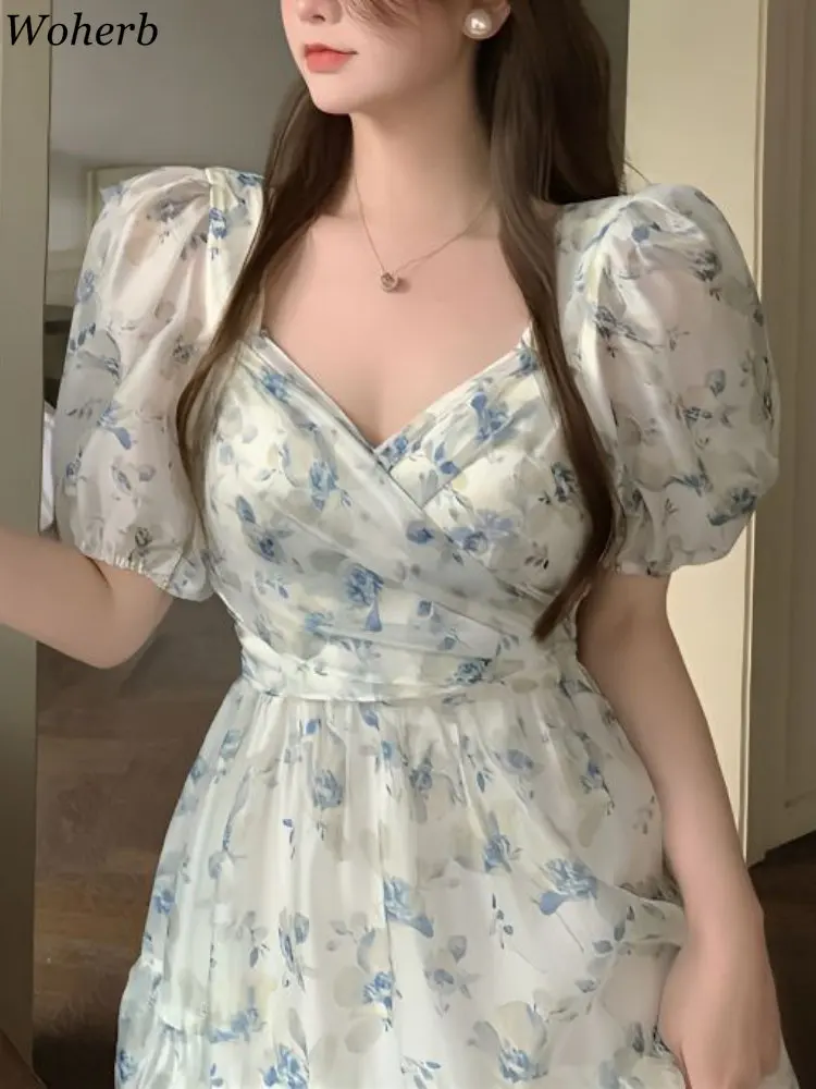Woherb 2024 корейское Цветочное платье женские элегантные платья с V-образным вырезом