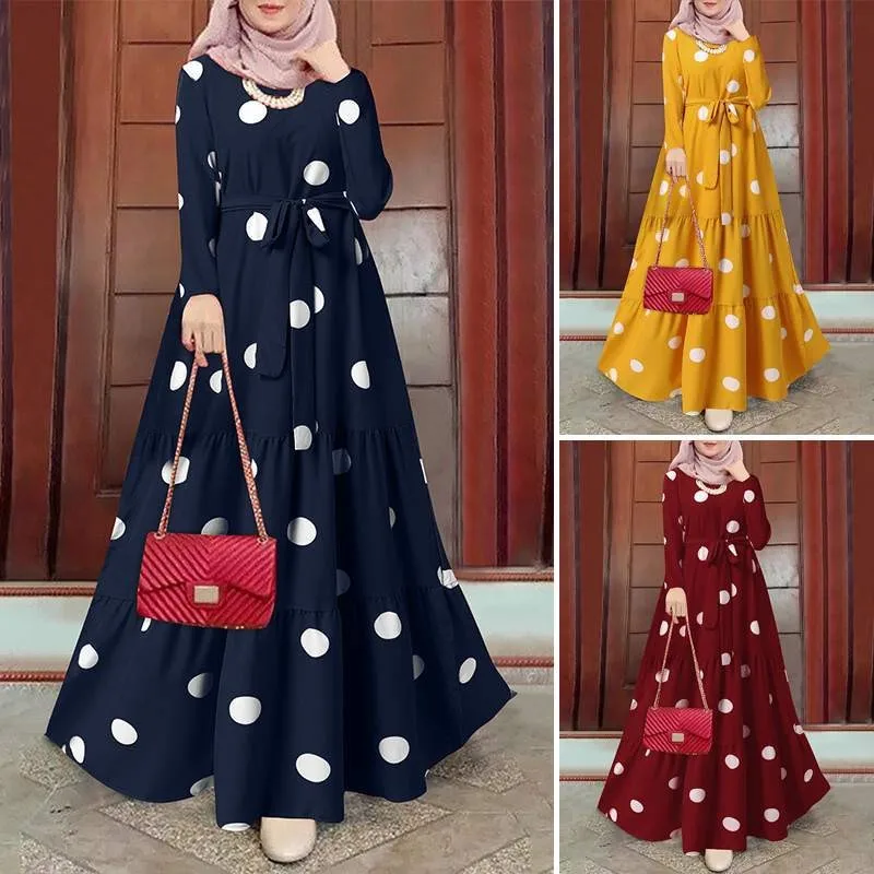 2023 Women's Muslim Casual Robe Fashion Vintage Polka Dot Print Lace Up Slim Long Sleeved Temperament Commuter Zipper Dress XL