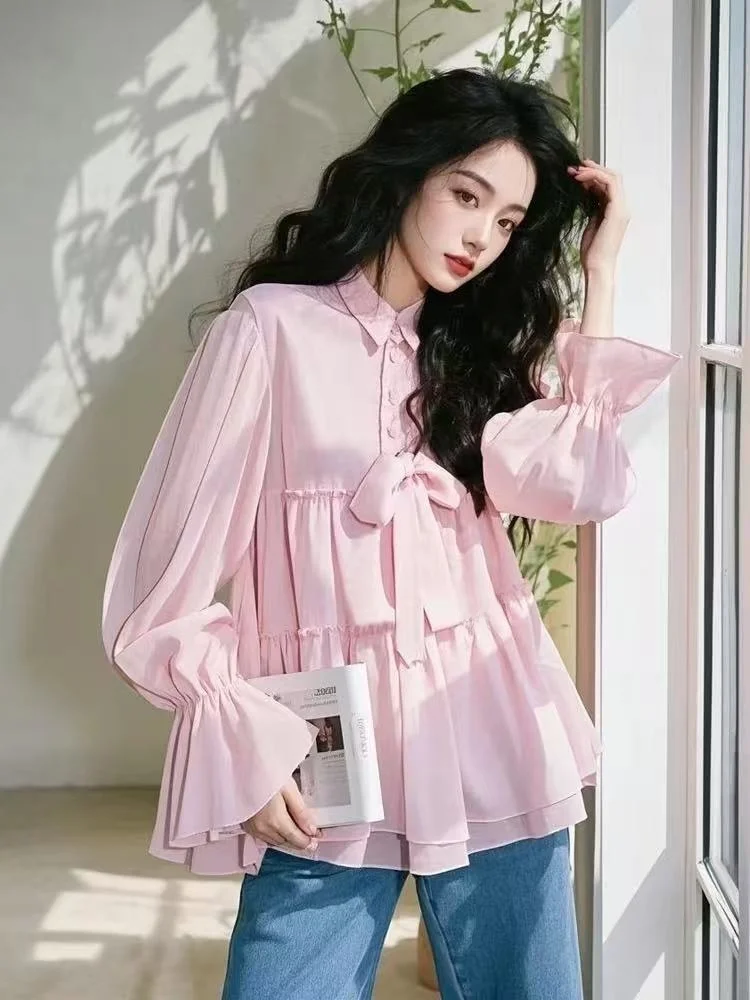Розовые высококачественные шифоновые рубашки с длинными рукавами и бантом на