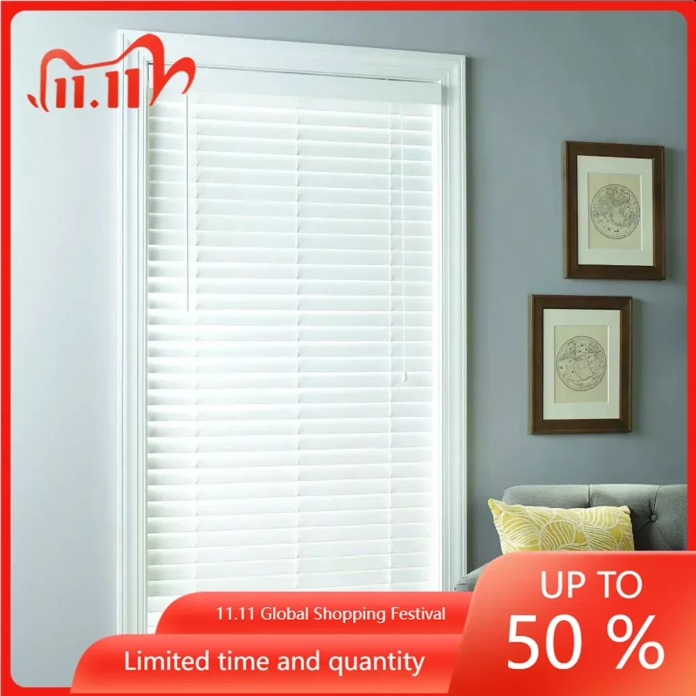 

2“ Cordless Faux Wood Horizontal Blinds Kitchen Curtains for Window Curtain Rods White 47x64 Blackout Roller Blind Rollerblade