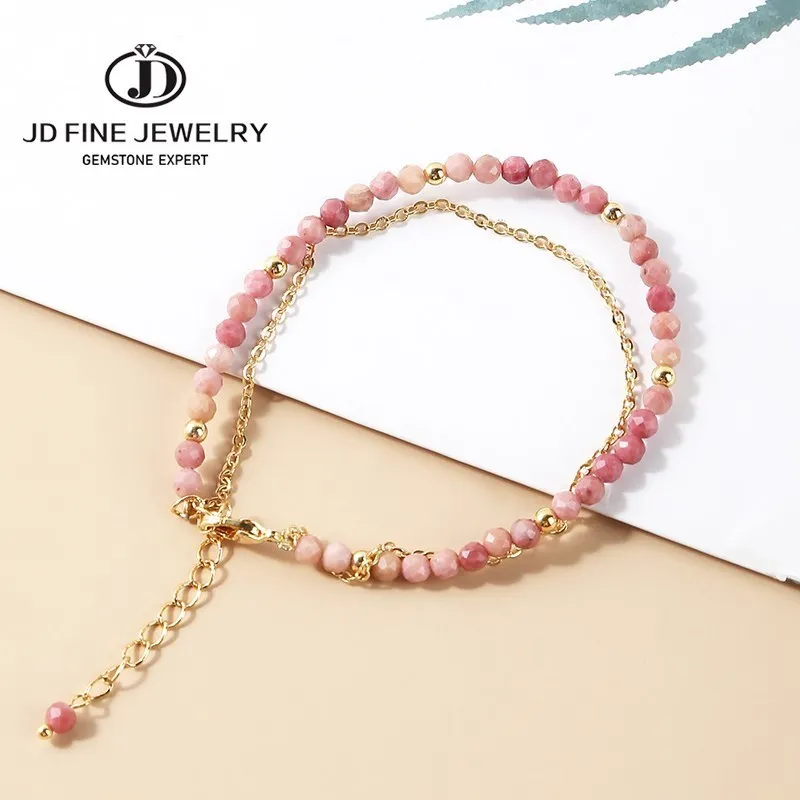 

JD 3mm Natural Faceted Tourmaline Morganite Double Layer Chain Charm Bracelets Women Gold Color Adjustable Crystal Bangle Gifts