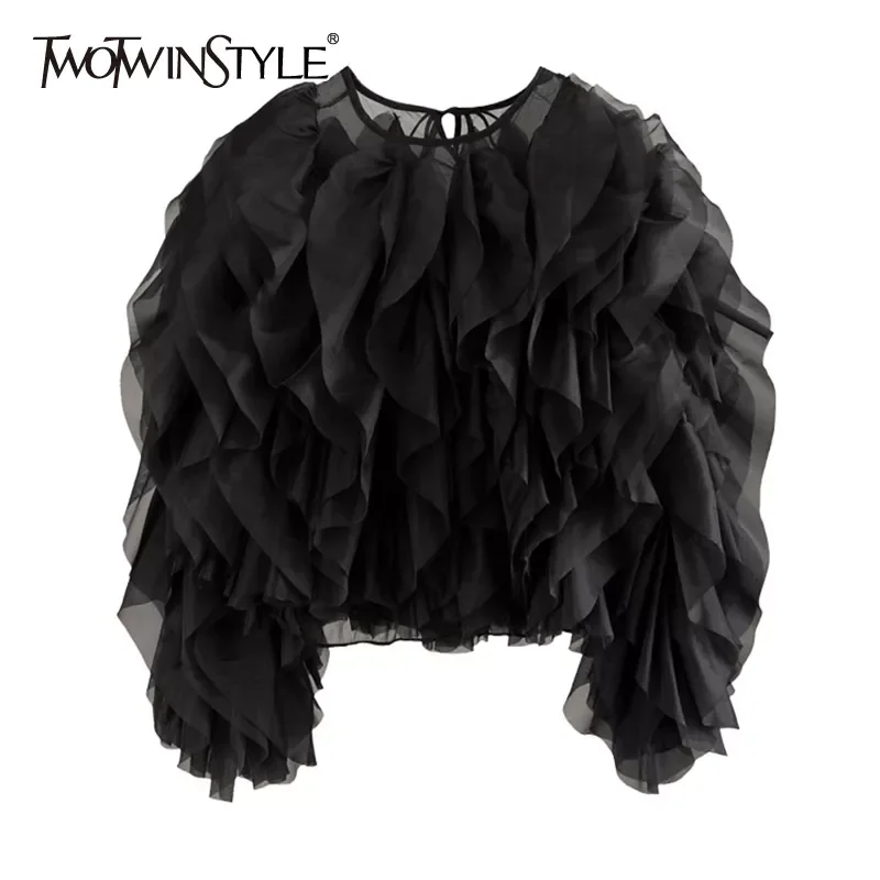 

TWOTWINSTYLE Vintage Patchwork Ruffle Shirt For Women O Neck Lantern Long Sleeve Solid Elegant Blouse Female Fashion New Style
