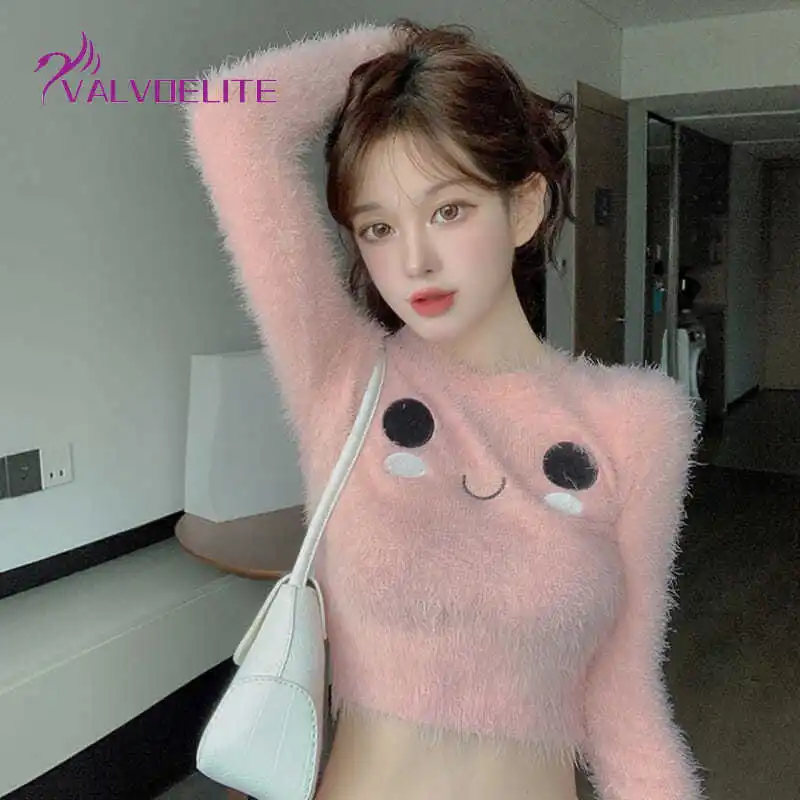 

2022 Autumn Winter New Woman Sweater Hong Kong Style Sweet Cartoon Smiley Furry Thin Short Long-sleeved Bottoming Shirt Top