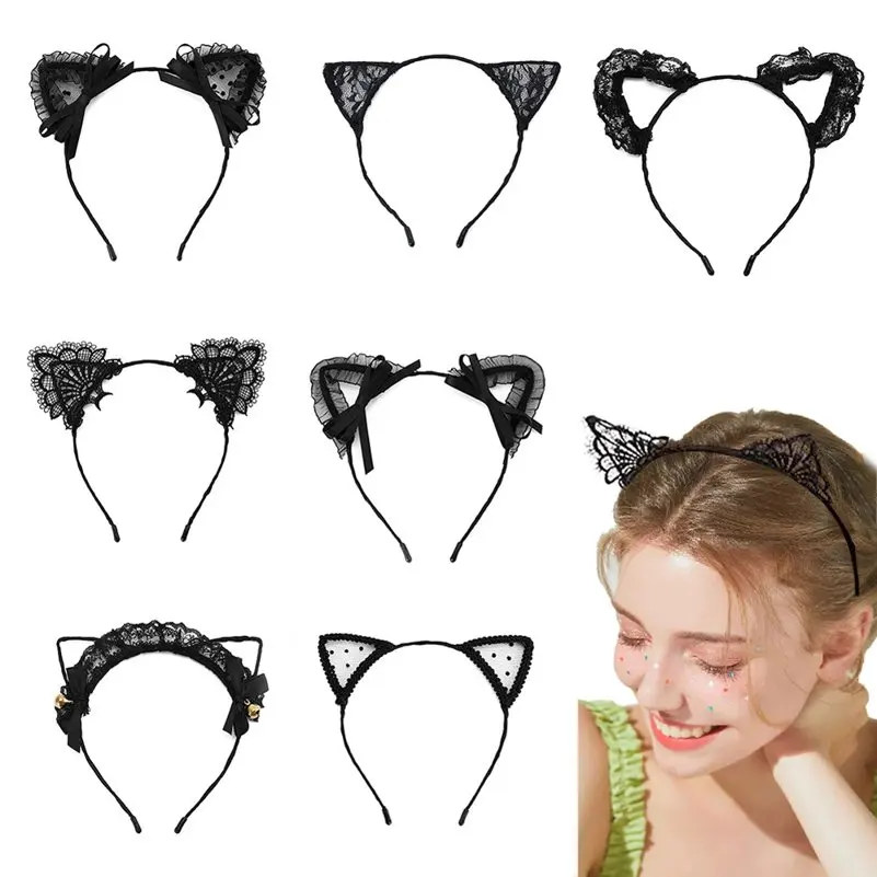 

Ободок с черными кошачьими ушками для женщин, модная Кружевная повязка для волос для девушек, сексуальная самодельная повязка на голову, аксессуары для волос для детей на день рождения