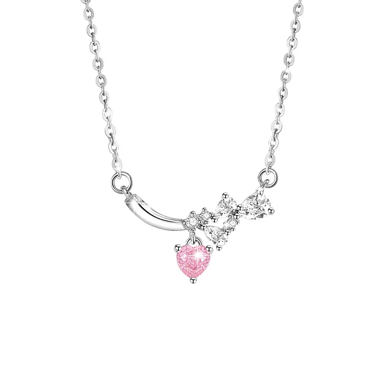 

925Sterling Silver Women's Necklace Fashion Versatile Pink White Stone Decorative Collar Chain Valentine's Day Gift Heart shaped