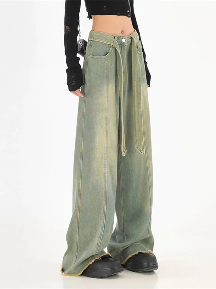 

American Style Vintage Blue Jeans Lace Up High Waist Women Fashion Streetwear Wide Leg Denim Trouser Straight Baggy Denim Pants