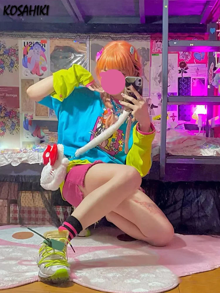 

2022 Tshirts Women Harajuku Detachable Sleeve Cartoon Print Y2k Aesthetic Graphic T-Shirt Teens Casual Grunge Tees Kawaii Tops