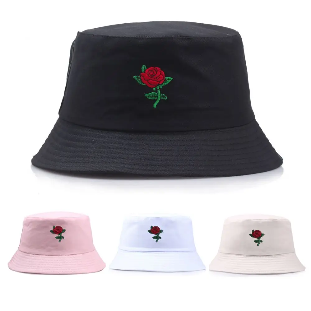 

Women's Rose Embroidery Bucket Hat Foldable Macaron Panama Hat Cotton Outdoor Fishing Hunting Cap Men Bob Chapeau Sun Hat 2022