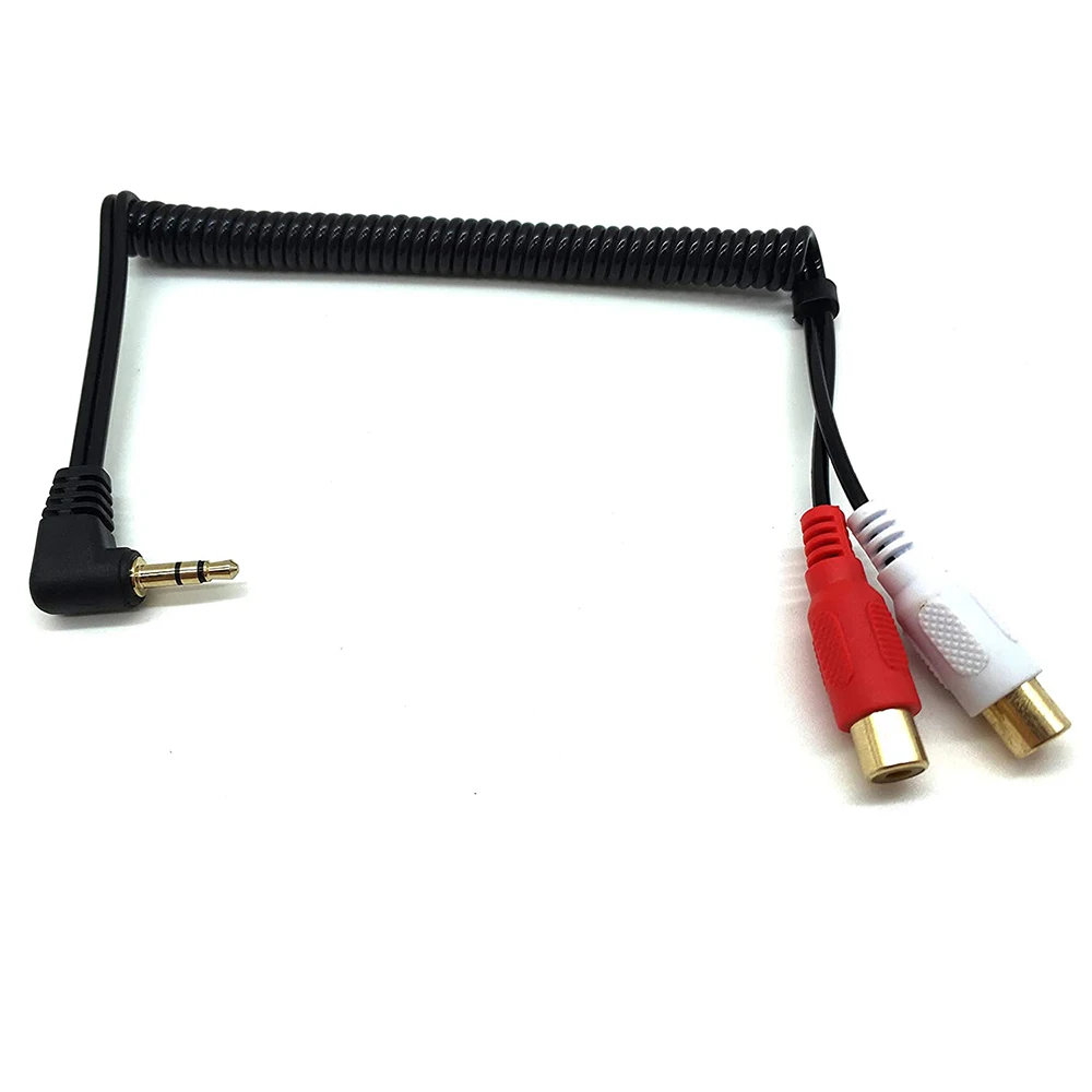 

Gold DC 90 Degree Right Angle 3.5mm 1/8" TRS Male Stereo to 2x Dual RCA Male Audio Coiled Spiral Adapter Spring Cable 80cm