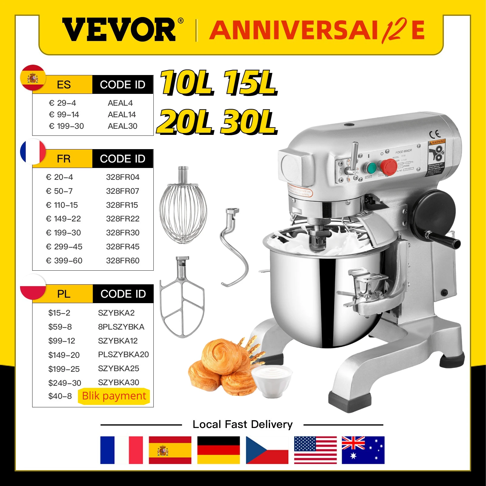 

VEVOR Electric Dough Machine 10/15/20/30L Stainless Steel Commercial Cream Egg Whisk Mixer Processor Kitchen Food Stand Blender