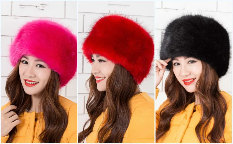 

2022 Women Hats Lady Russian Tick Fluffy Faux Fox Fur Hat Headbands Winter Earwarmer Ski Hat Female Hats free shipping