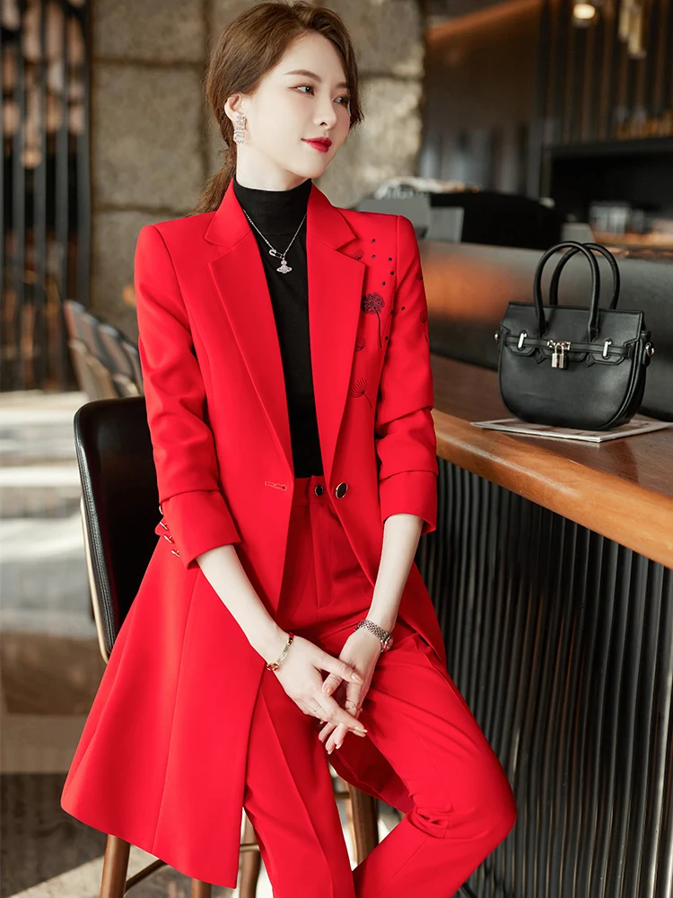 Women Formal Pant Suit Work Business Wear Red Black Blazer Set Female Office Ladies Long Jacket and Trouser 2 Pieces