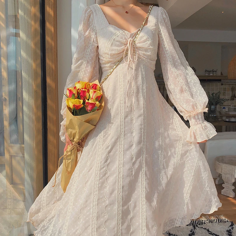 

2022 Spring Women Dress Female French Vintage Puff Long-Sleeved Elegant Lace Long White Party Midi Dress Fashion Women Clothing