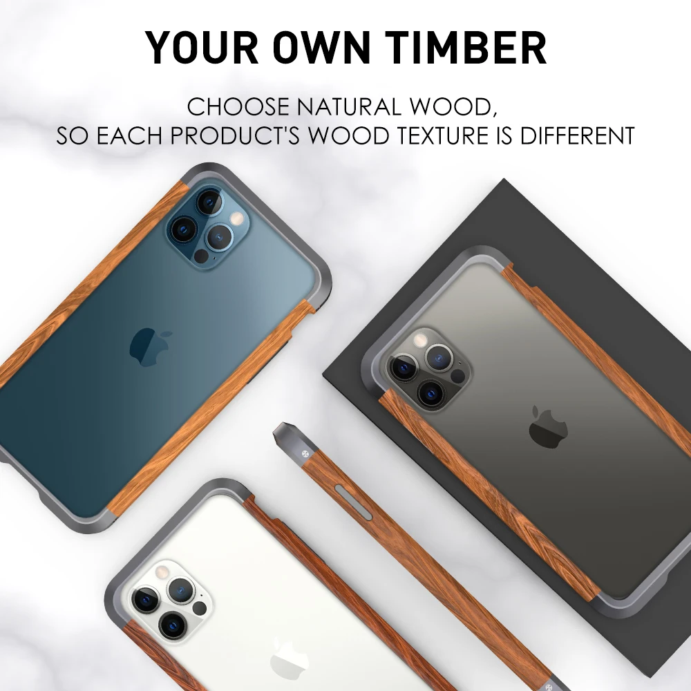 New R-just Luxury Retro Aluminum +wood Shockproof Frame Case For Apple Iphone 12 Pro Max Metal Log Protection Phone Cases Bumper