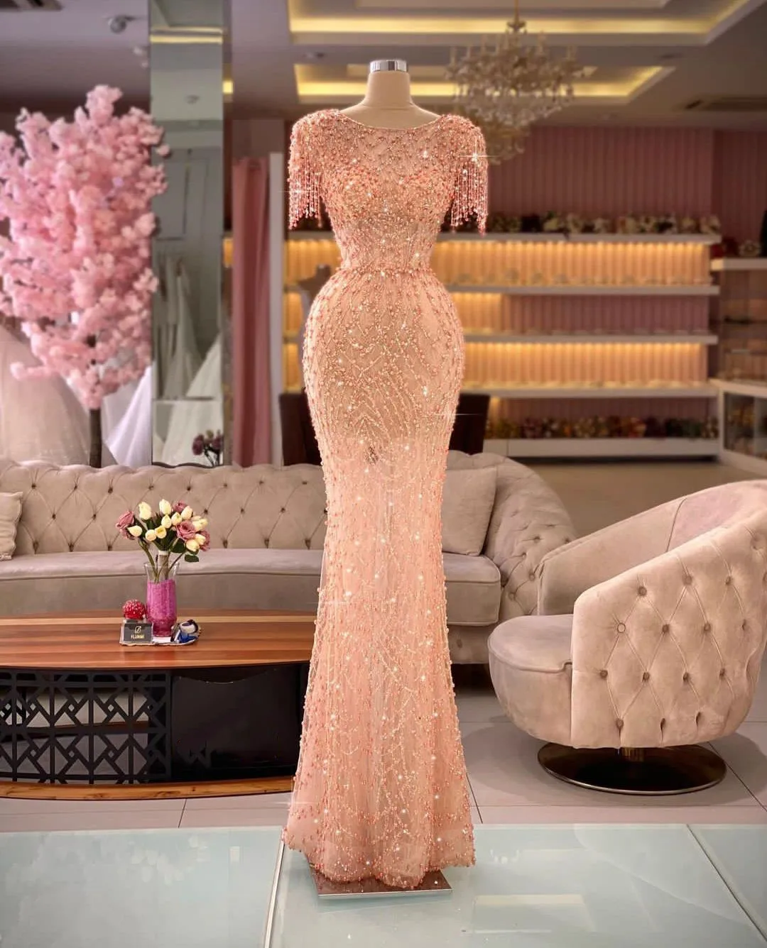 

Exquisite Evening Dresses High Neck Sleeveless Tassel Sequins Appliques Sparkly Beaded Mermaid Beaded Prom Dresses Custom Made