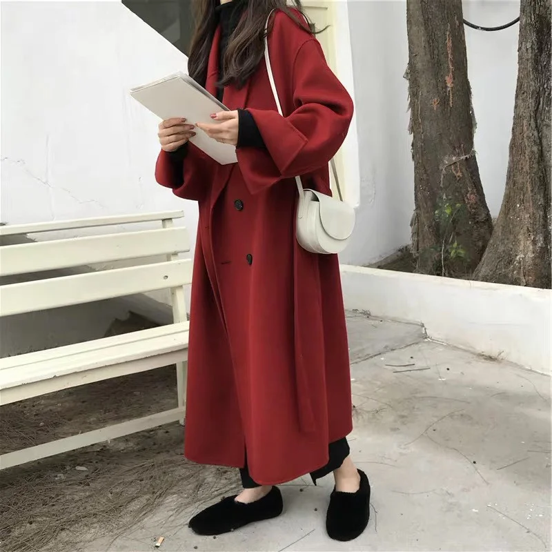

2022 Autumn And Winter New Fashion Double-breasted Korean Version Loose Belt Hepburn Medium And Long Woolen Coat Women