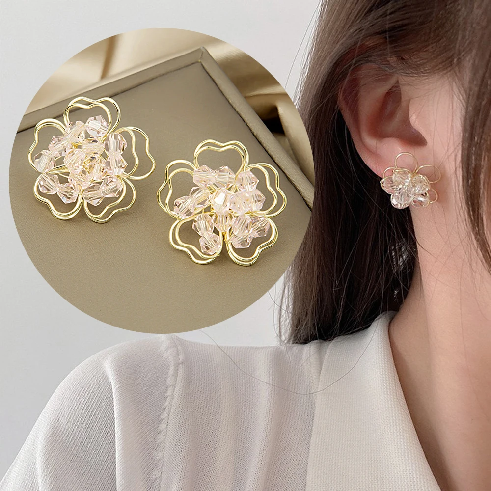 Элегантные серьги в форме цветка из искусственного кристалла, Модные ажурные двухслойные серьги в форме цветка, висячие серьги, ювелирные изделия для женщин и девушек