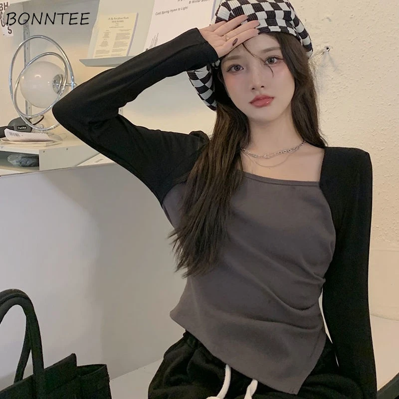 

T-shirts Women Spring Autumn Breathable Patchwork Leisure Trendy Soft Slim Street Style All-match Fit BF Harajuku Simple Fashion