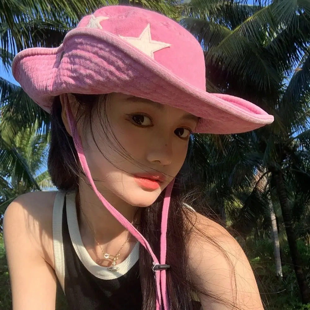 

Винтажная ковбойская шляпа от солнца Y2k со звездами в западном стиле, женская летняя женская шляпа со шнурком для раковины, уличная Панама