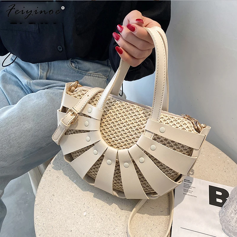 

Straw Semicircle Design Small Tote Bags for Women Summer Beach Woven Shoulder Crossbody Bag Female Travel PU Rattan Hollow Straw