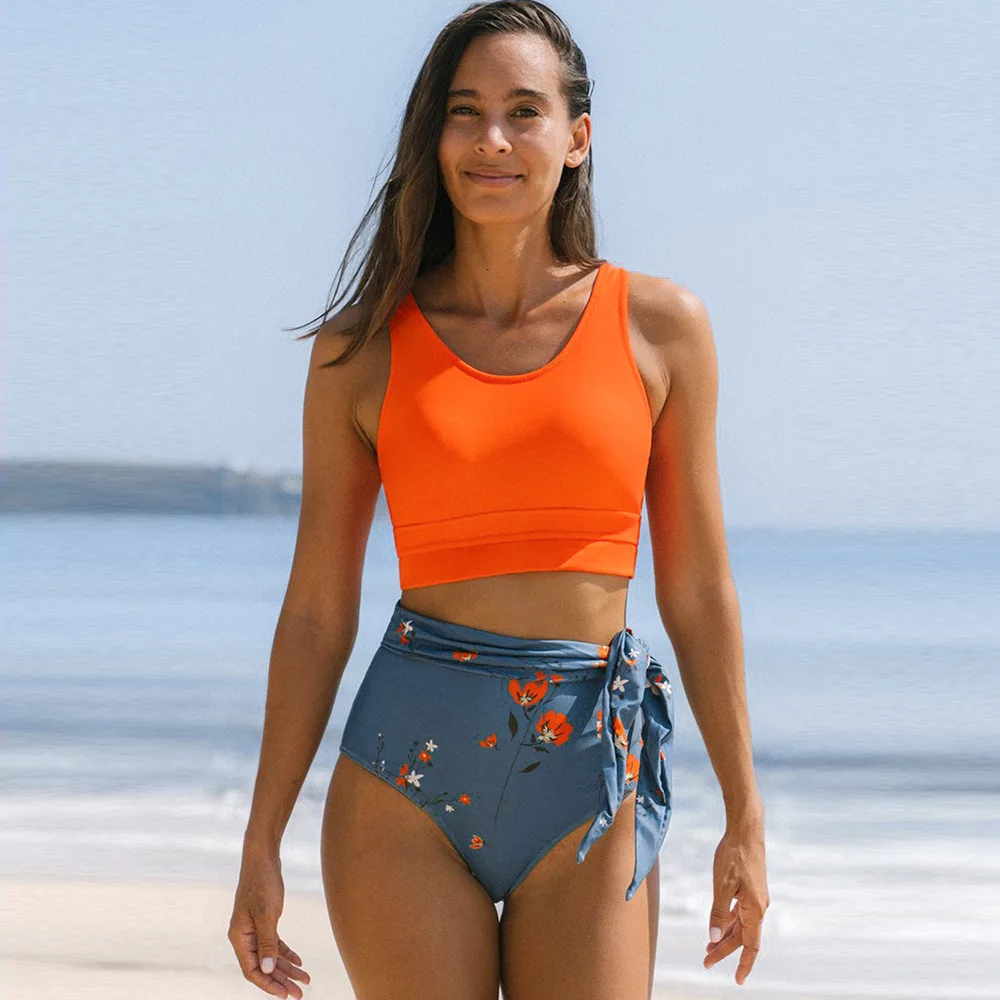 

Fashion Floral Print Tied High Waist Conservative Swimwear Women's Newest Tight Surfing Split Bikinis Woman 2022 Swimsuits