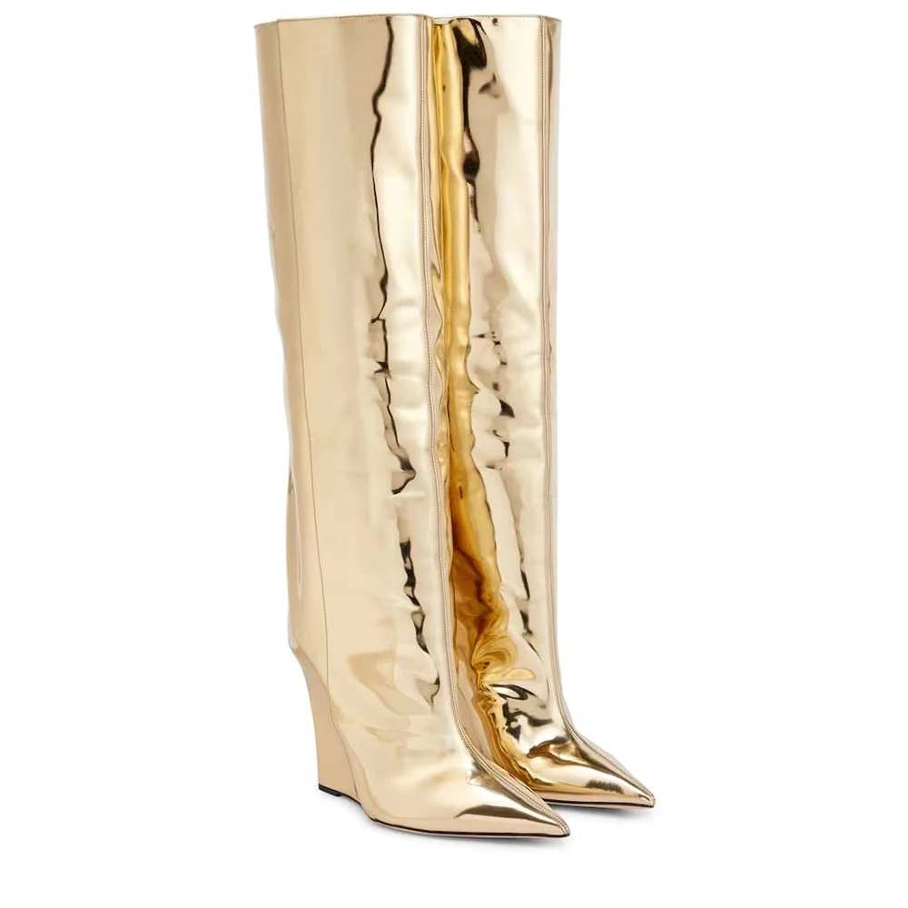 Autumn Winter Women Tall Boots Pointed Toe Wedges Slip On Sexy Patent Leather Fashion Clubwear Knee High Boots