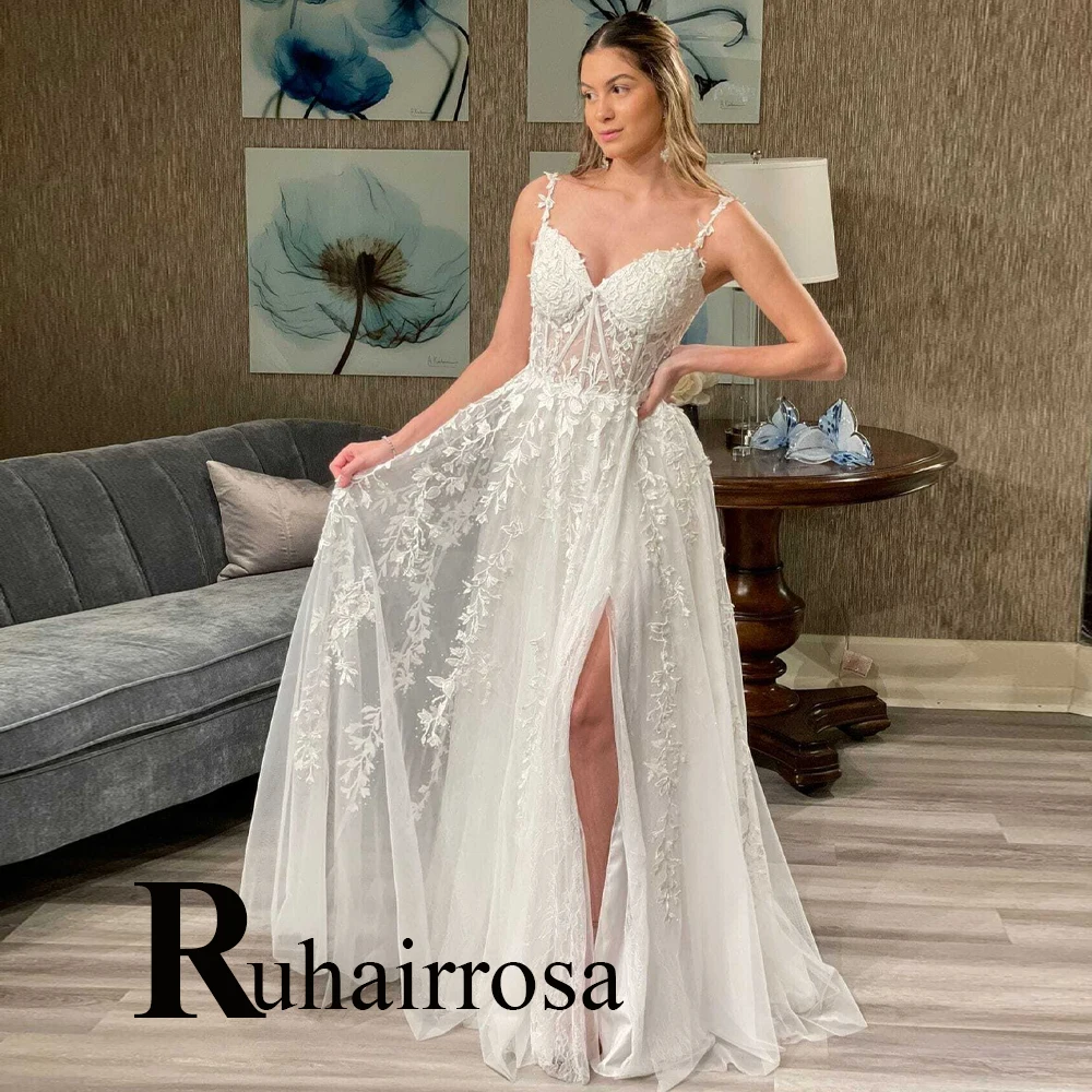 

Ruhair Fashionable V-Neck Illusion Side Slit Spaghetti Straps Wedding Gown A-Line For Bride Appliques Custom Made Robe De Mariée