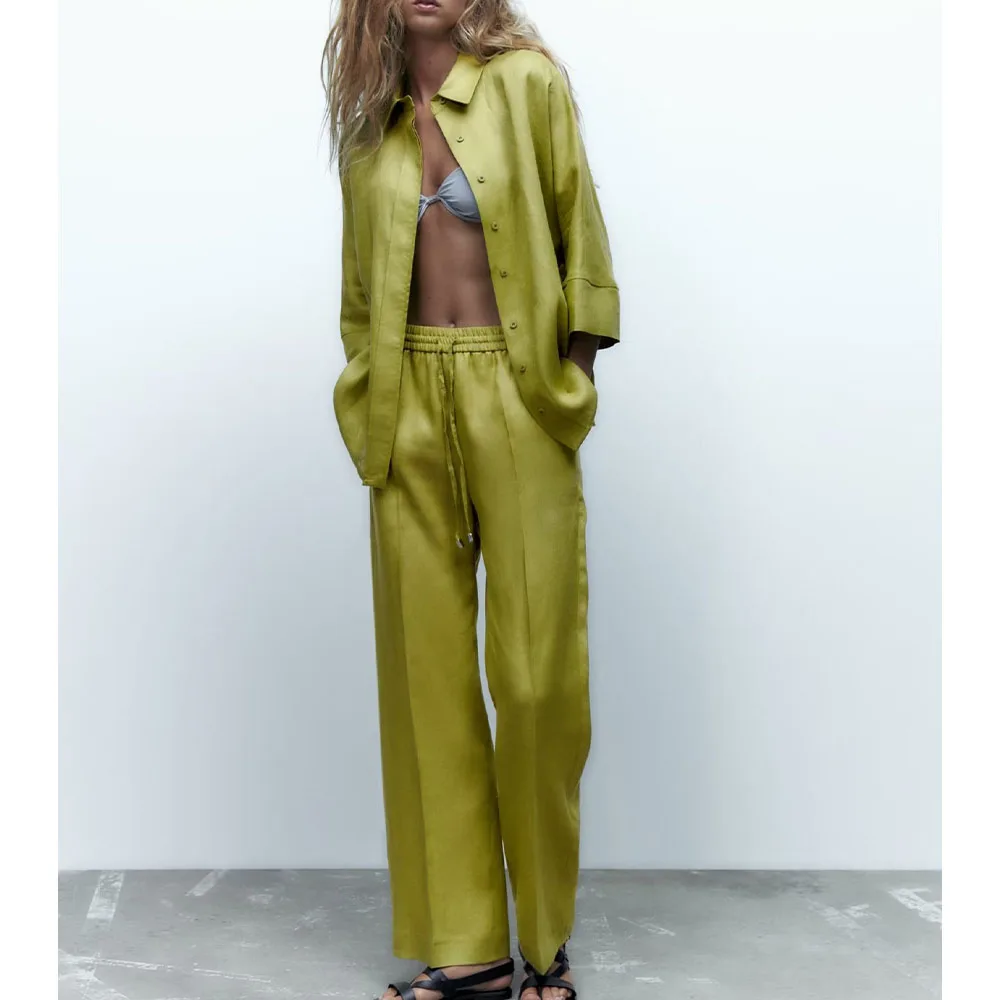 

2022 women's early autumn linen shirt wide leg pants suit fashion loose lapel short sleeve top high waist wide leg pants