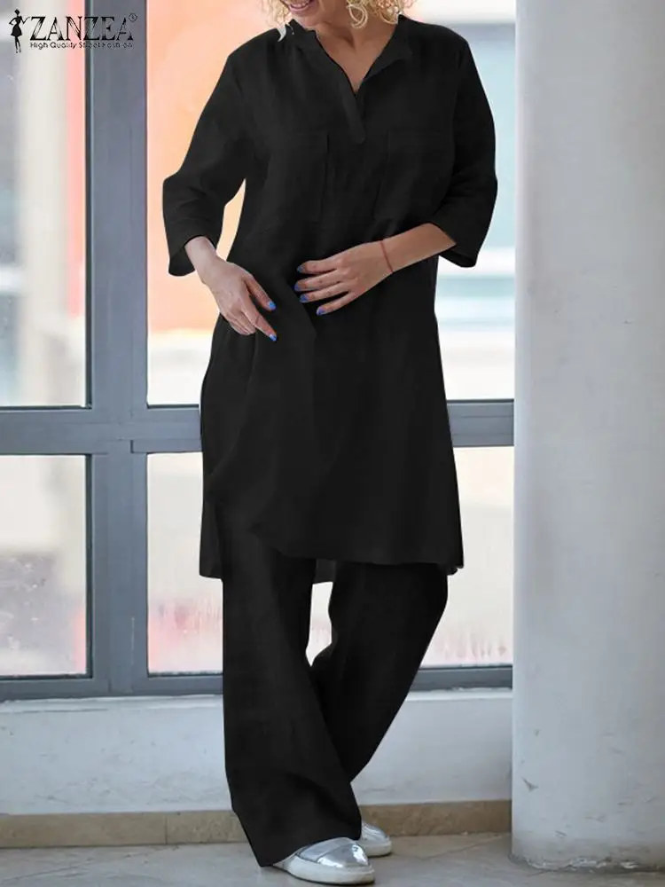 

ZANZEA Women Matching Sets Casual Loose Wide Leg Trousers And Solid 3/4 Sleeve Blouse Set Autumn Suits 2PCS Fashion Tracksuit