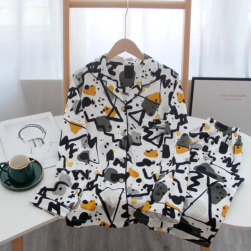 New Women Knitted Cotton Turn-Down Collar Pajama Set Comfort Loose Household Ladies 2Pcs Sleepwear Cardigan Pants