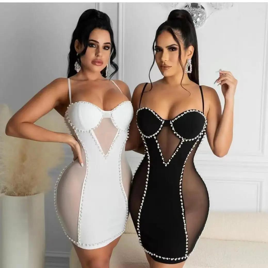 2022 Hot Sexy Mesh See Through Shining Diamonds Spaghetti Strap Mini Evening Dress Woman Package Hips Dress Club Party Vestido