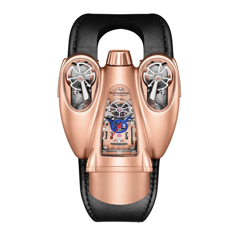 HANBORO Alien Skeleton Mechanical Watch Airplane Shape Series Dual Movement Men'S Automatic Watch Personalized Cowhide Strap