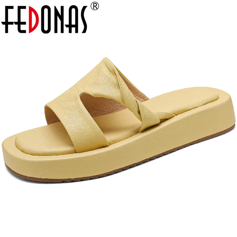 

Женские босоножки на плоской подошве FEDONAS, весенне-Летние Удобные Повседневные тапочки из натуральной кожи на платформе