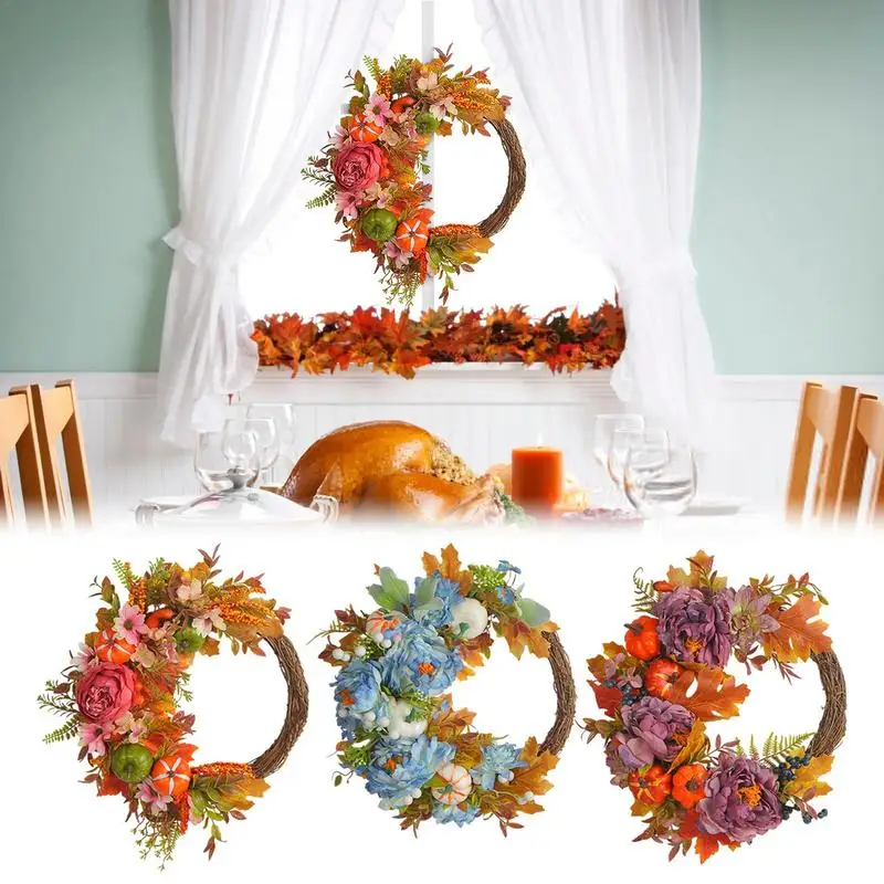 

Artificial Christmas Wreath Rustic Round Fall Wreaths Harvest Front Door Hung Outdoor Garlands for Halloween Thanksgiving Day